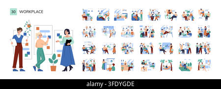 Workplace vector illustration set with office staff working on laptops, meeting, presenting ideas, planning tasks, analyzing charts, collaborating remotely, and relaxing during breaks Stock Vector