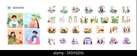 Seasonal activities set with people relaxing, walking, cycling, studying, decorating, and celebrating through spring, summer, autumn, and winter in vector illustration Stock Vector