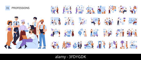 Professions set with workers performing different job roles including healthcare, construction, office, education, transport, and service tasks in flat vector illustration Stock Vector