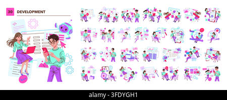 Software development vector illustration set with people coding, testing apps, managing data, UI design, cloud tools, security and automation workflows with focused positive expressions Stock Vector
