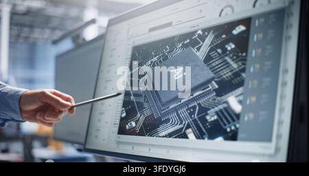 Engineer Pointing Stylus at AI Processor Chip Model on Monitor Screen. Advanced Semiconductor Design Drives Next Generation Hardware Development. Semiconductor Engineering, AI Microchip Design. Stock Photo