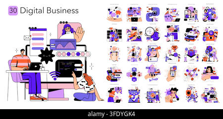 Digital business vector illustration set with people managing online workflow, analytics, marketing, security, payments and remote collaboration across apps, devices and dashboards Stock Vector