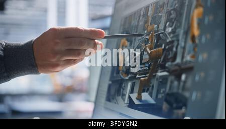 Close Up Engineering Design Review For Robotic Equipment, With Hand Using Stylus on Interactive Touchscreen to Examine Digital Schematics, Identify Details, and Support Multidisciplinary Development. Stock Photo