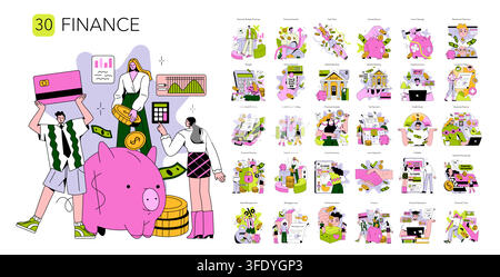 Finance vector illustration set with people managing savings payments budgeting banking taxes credit loans investment and retirement using piggy bank cards charts calculator and cash Stock Vector