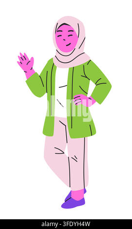 Indonesian woman hijab modern clothing waving hand friendly gesture casual pose isolated white background Stock Vector