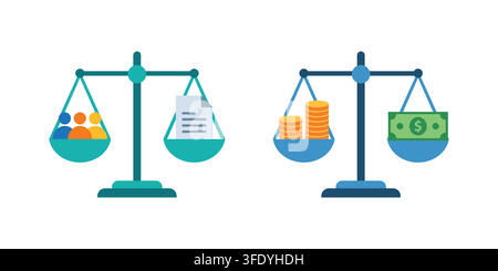 Balanced Scales Representing Human Rights and Financial Value Vector Illustration on white background isolated Stock Vector