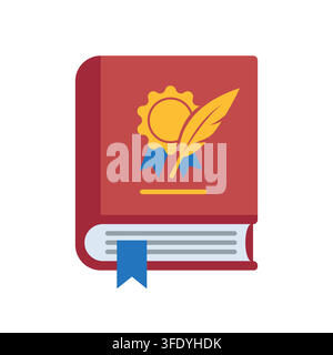 Red Book with Gold Seal and Quill Pen Vector Icon on white background isolated Stock Vector