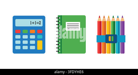 School Supplies Set with Calculator, Spiral Notebook and Colored Pencils on white background isolated Stock Vector