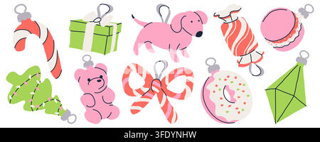 Trendy pink and green Christmas tree ornaments hand drawn vector set Stock Vector