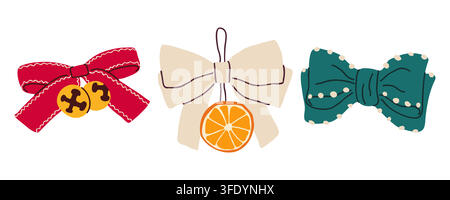 Decorative Christmas bows with bells and orange slice hand drawn vector set for holiday gift packaging Stock Vector