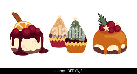 Festive Christmas cupcakes and cakes flat vector set for bakery Stock Vector