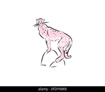 Elegant Leopard Sitting on Rock, Hand Drawn Wild Cat Line Art Illustration, Exotic African Wildlife Predator and Safari Animal Design Stock Vector