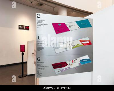 Liverpool, UK - May 16, 2026: Indoor museum directory showing floor plans, exhibit names and directional signs in a Liverpool UK gallery. Stock Photo