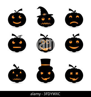 Collection of Halloween pumpkin face icons with funny, scary and decorative expressions. Black silhouette vector set isolated on white background. Stock Vector