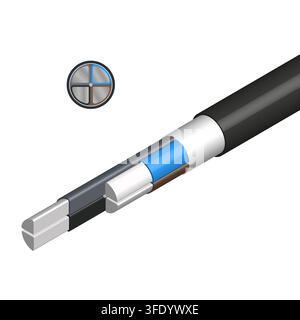 Isometric vector illustration of a four core aluminum power cable with insulated conductors and black outer sheath. Cross section view isolated on whi Stock Vector