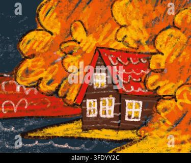 Autumn cozy wooden house golden trees foliage hand drawn oil pastel crayon style landscape illustration. Small wooden cabin red roof surrounded vibran Stock Vector