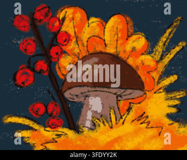 Autumn cozy mushroom forest rowan berries yellow foliage hand drawn oil pastel crayon style illustration. Wild brown boletus mushroom red rowan berrie Stock Vector