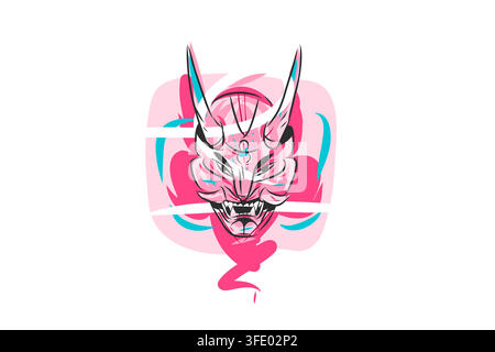 Japanese Oni Demon Mask With Horns, Hannya Inspired Evil Face, Asian Folklore and Mythology, Tattoo Style Hand Drawn Vector Illustration Stock Vector