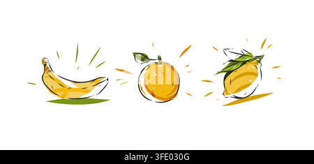 Fresh Fruit Illustration Set with Banana, Orange and Lemon, Colorful Hand Drawn Citrus and Tropical Fruits, Healthy Food Vector Design Elements Stock Vector