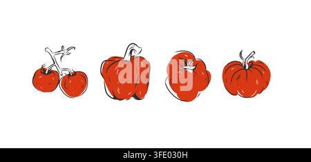 Fresh Tomato and Red Bell Pepper Vector Set, Hand Drawn Ripe Vegetables Collection, Organic Healthy Food and Farm Produce Illustration Stock Vector