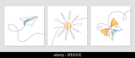 Vector doodle continuous one line art drawing of sun, flying butterfly, paper plane or airplane in sky. Minimal linear summer journey silhouette icons. Posters with single thin outline travel elements Stock Vector
