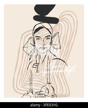 Woman Portrait with Burning Candles and Abstract Wavy Lines, Feminine Self Care and Relaxation Concept, Minimal Boho Contemporary Wall Art Illustratio Stock Vector