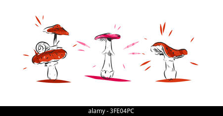 Hand Drawn Mushroom Illustration Set with Colorful Red and Pink Forest Mushrooms and Snail, Botanical Fungi Vector Design Elements Isolated on White Stock Vector