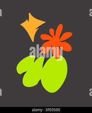 Abstract Colorful Flower Vector, Modern Botanical Shapes, Bright Floral Illustration, Trendy Minimalist Organic Design on Dark Background Stock Vector