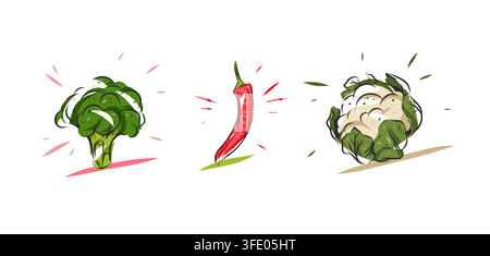 Fresh Vegetable Illustration Set with Broccoli, Red Chili Pepper and Cauliflower, Colorful Hand Drawn Healthy Organic Food Vector Design Elements Stock Vector