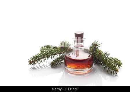 Fir pine or spruce essential oil in a bottle isolated over white background copy space Stock Photo