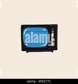Retro Television Set Vector Illustration, Vintage TV with Blue Screen, Nostalgic Old School Technology and 70s 80s Electronic Device Stock Vector