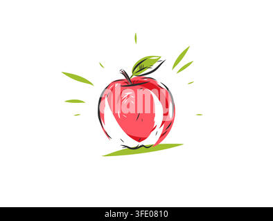 Fresh Red Apple with Green Leaf Hand Drawn Vector Illustration, Healthy Organic Fruit, Natural Food and Nutrition Design Isolated on White Background Stock Vector