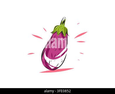 Fresh Purple Eggplant Hand Drawn Vector Illustration, Ripe Aubergine Vegetable for Healthy Food, Vegan Cooking, Organic Farm Product, Grocery Stock Vector