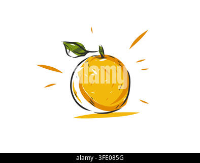 Fresh Orange Fruit Hand Drawn Vector Illustration with Green Leaf, Juicy Citrus for Healthy Food, Vitamin C, Juice, Organic Product, Packaging and Stock Vector