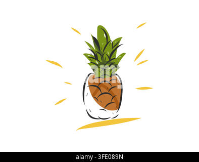 Fresh Ripe Pineapple Hand Drawn Vector Illustration, Tropical Exotic Fruit with Green Leaves for Summer Food, Juice, Smoothie, Packaging, Menu and Stock Vector