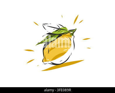 Fresh Yellow Lemon with Green Leaves Hand Drawn Vector Illustration, Juicy Citrus Fruit, Organic Healthy Food and Natural Summer Design Isolated on Stock Vector