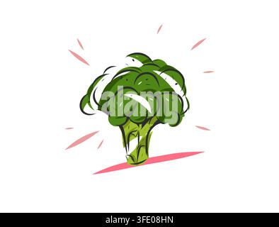 Fresh Green Broccoli Hand Drawn Vector Illustration, Healthy Organic Vegetable and Plant Based Food Design for Packaging, Grocery, Menu, Vegan Stock Vector
