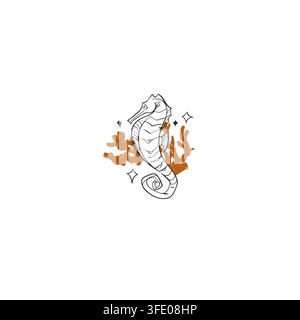Seahorse with Coral Hand Drawn Vector Illustration, Ocean Marine Life Coastal Summer Nautical Line Art, Underwater Sea Animal Decorative Design Stock Vector