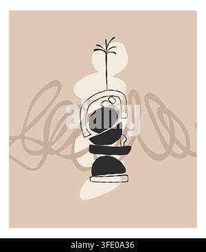 Abstract Balanced Stones and Organic Shapes, Minimal Zen Rock Stack with Botanical Element, Neutral Boho Contemporary Wall Art and Modern Home Decor Stock Vector