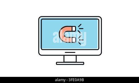 Desktop computer monitor with horseshoe magnet attraction symbol on screen vector icon. Stock Vector