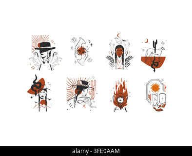 Wild West Cowboy and Cowgirl Vector Set, Western Rodeo Desert Ranch Illustrations with Horses, Cactus, Snake, Fire and Native American Inspired Stock Vector