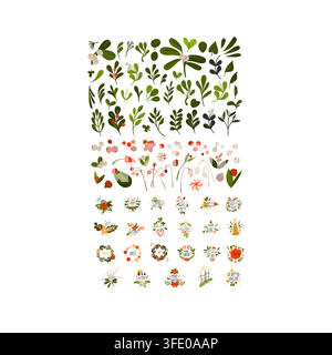 Christmas Botanical Vector Collection, Winter Holiday Floral Elements, Berries, Leaves, Branches, Wreaths and Festive New Year Decorations Stock Vector
