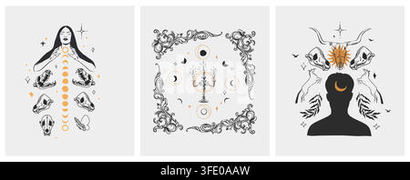 Mystical Woman with Moon Phases and Animal Skulls, Occult Celestial Witchcraft Hand Drawn Vector Illustration, Esoteric Gothic Spiritual Art Stock Vector