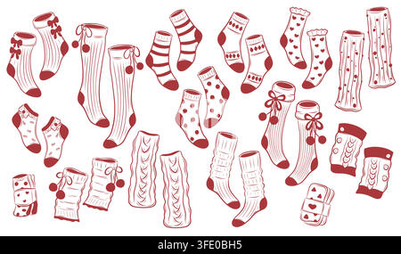 Vector set of decorative socks in red line art Stock Vector