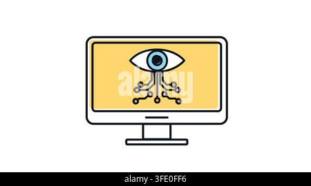 Desktop computer monitor with AI circuit eye scanner symbol on screen vector icon. Black line art with color offset fill style on white background. Stock Vector