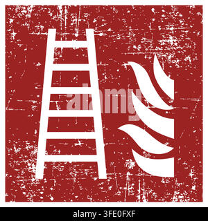Fire ladder, ISO 7010 F003 Fire Equipment Sign, Distressed Grunge Texture, Weathered Worn Safety Pictogram, Red Evacuation Fire Warning Symbol Stock Vector