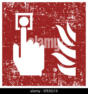 Fire alarm call point, ISO 7010 F005 Fire Equipment Sign, Distressed Grunge Texture, Weathered Worn Safety Pictogram, Red Evacuation Fire Warning Symb Stock Vector
