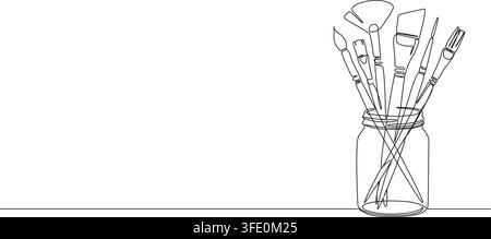 continuous line drawing of paintbrushes in a glass jar, minimalist art supply line art vector illustration with copy space Stock Vector