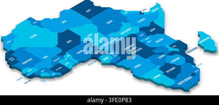 Isometric political map of Africa. Blue land with country name labels on white background. 3D vector illustration Stock Vector