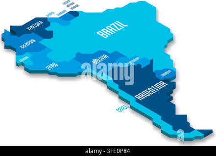 Isometric political map of South America. Blue land with country name labels on white background. 3D vector illustration Stock Vector